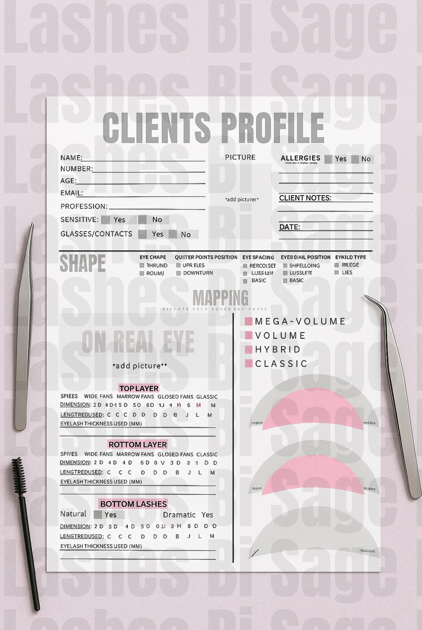 Lash Client Tracking Sheet – Printable Lash Mapping & Client Notes Form